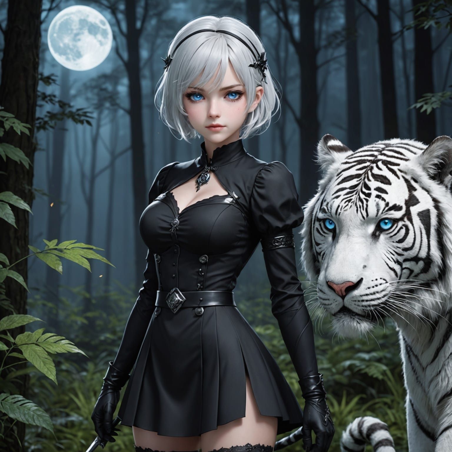 Woman with White Hair in Moonlit Forest