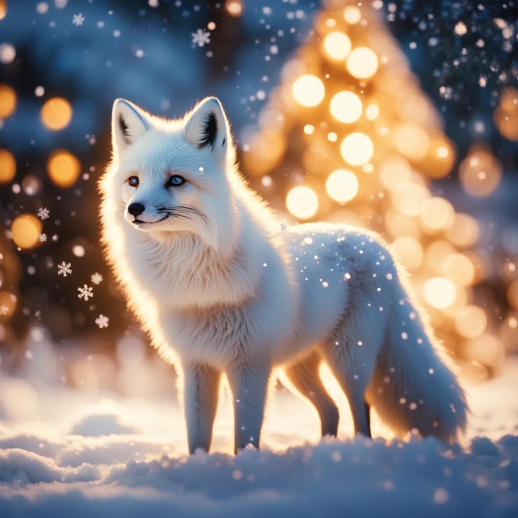 Fluffy White Fox in Snowy Christmas Scene
