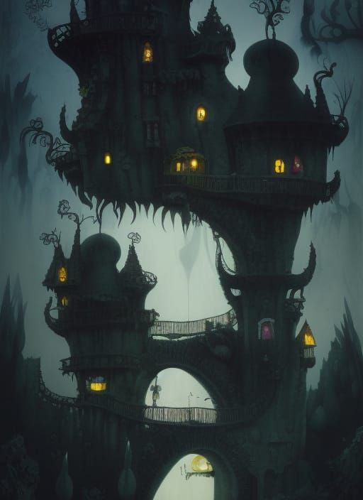 Surreal Castle Under Waterfall, Vivid Colors