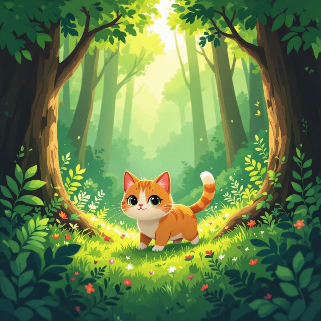 Cute Cat Exploring Vibrant Forest: Loish Style