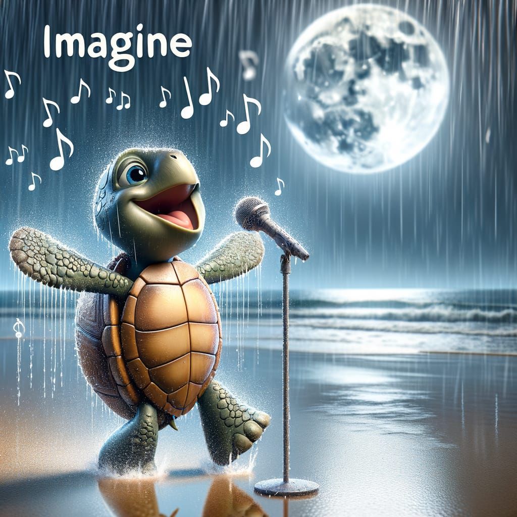 Turtle Sings and Dances in Rainy Moonlight Beach Scene