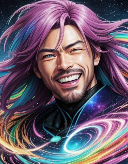Laughing Chibi Man in Cosmic Anime Art