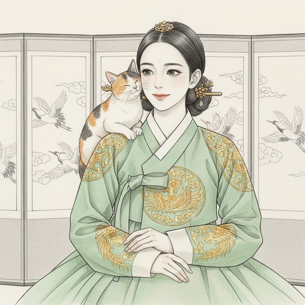 Manhwa Style Elegant Woman with Cat in Hanbok