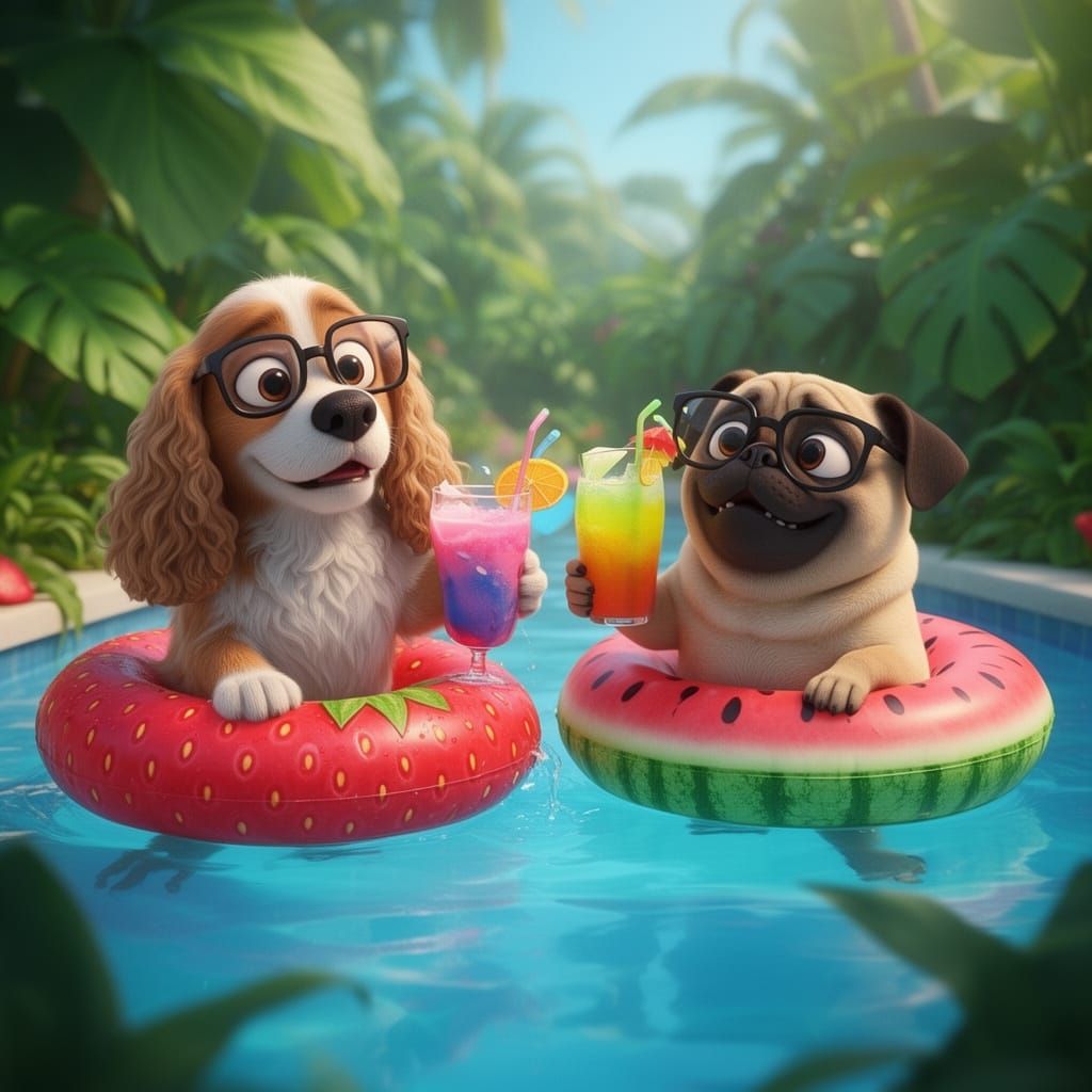 Cocker Spaniel and Pug Enjoying Summer Drinks