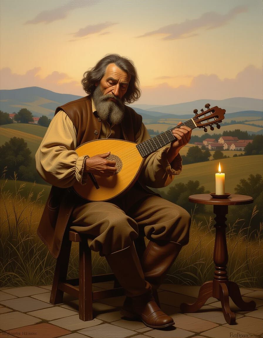 Walnut Sculpture: Wandering Musician in Rembrandt Style