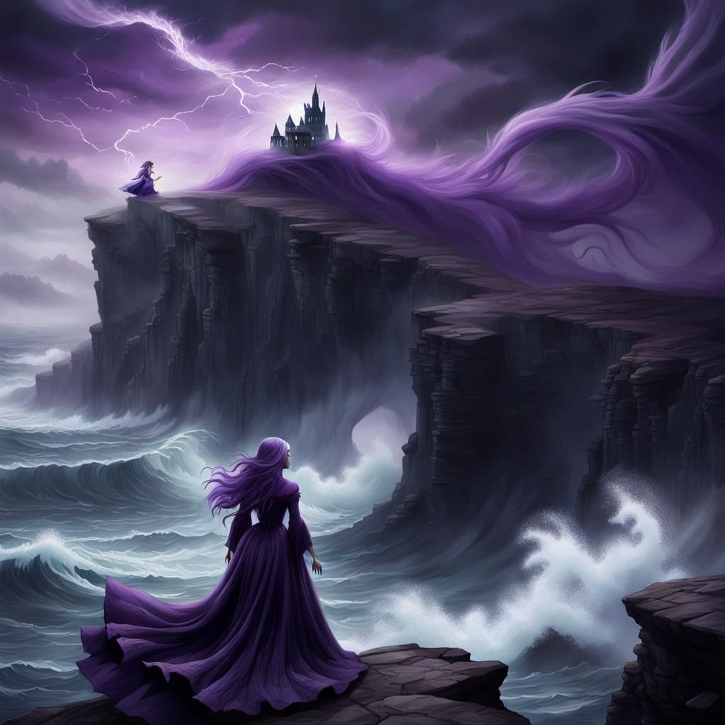 Dark Fantasy Witch on Cliff with Giant Wave