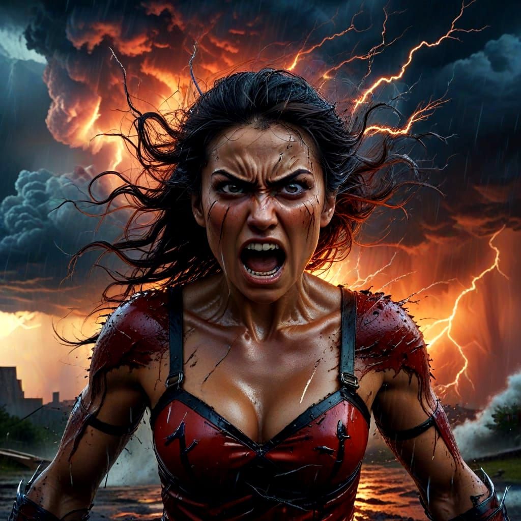 Furious Berserk Woman in a Dramatic Thunderstorm