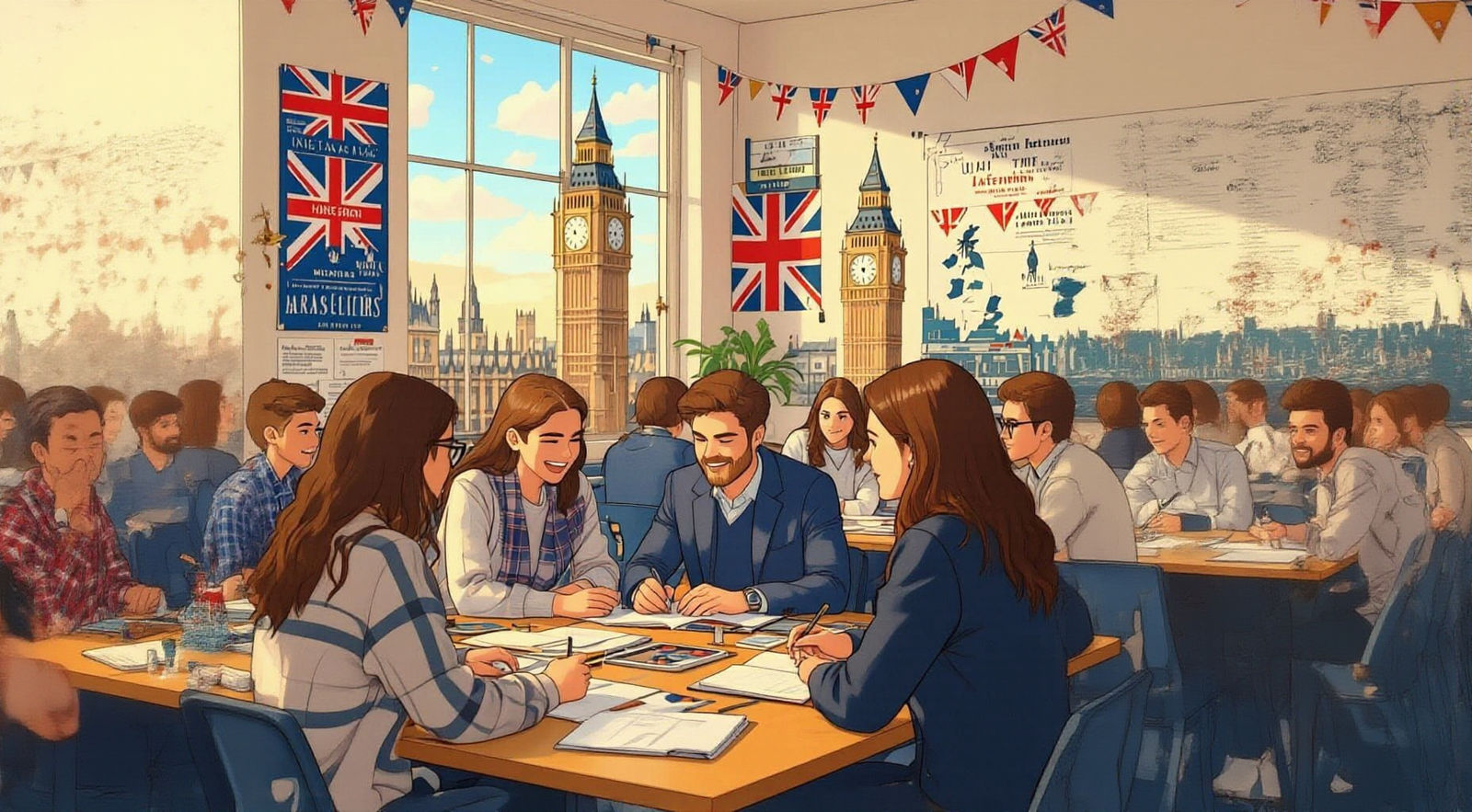 English Classroom with UK Symbols in Golden Hour Light