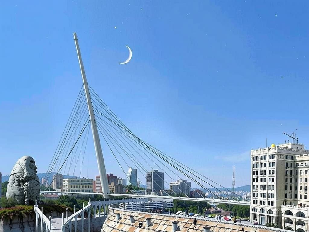 Ethereal String Bridge Spans Chasm Under Twilight Sky