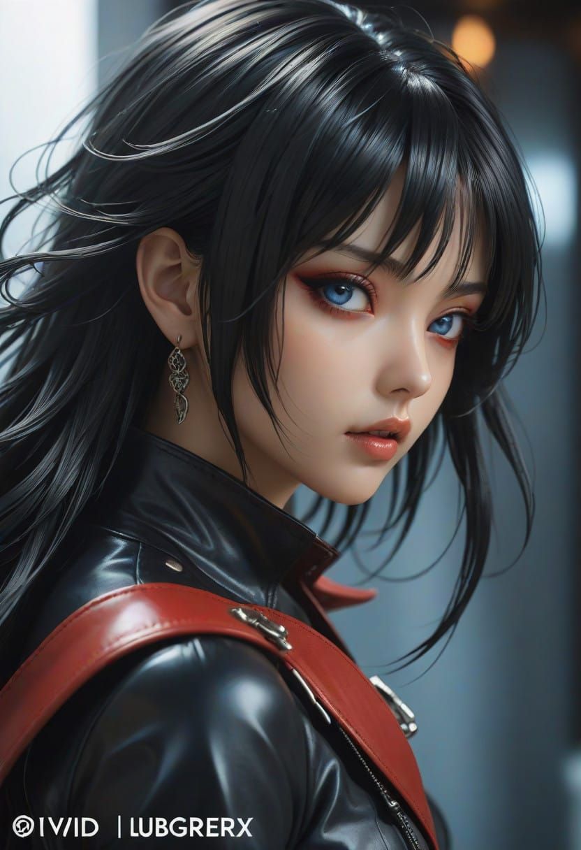 Anime Beauty in Leather Outfit with Piercing Red Eyes