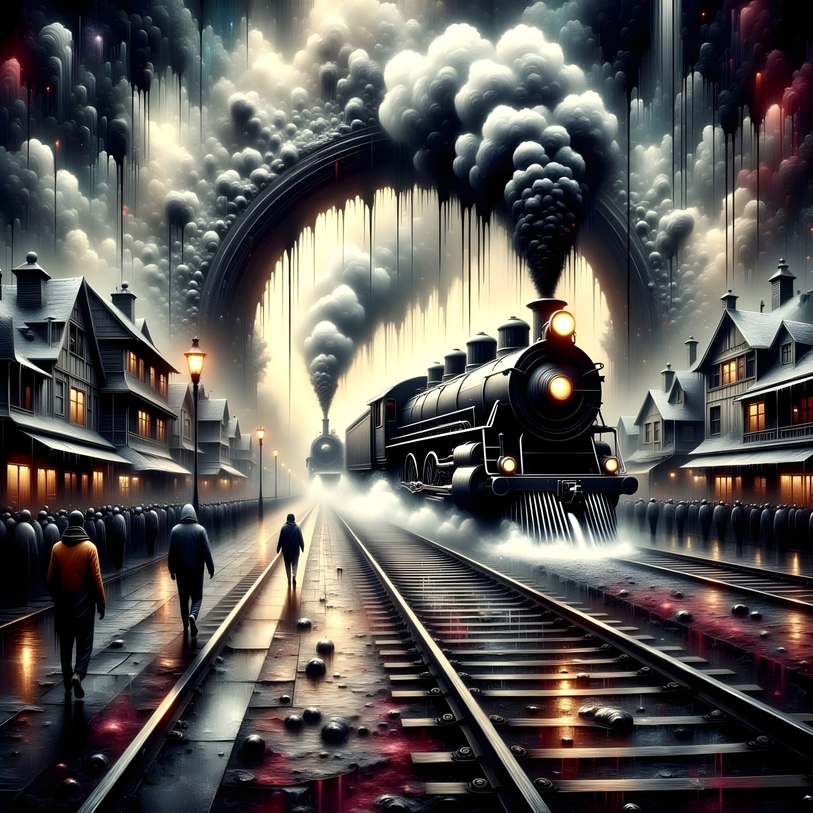 Surreal Steam Train Time Portal in Dripping Oil Style
