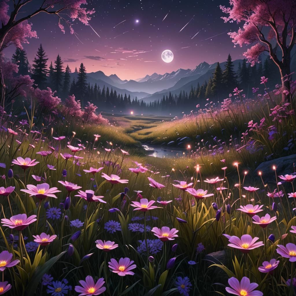 Glowing Moonlight Meadow with Fireflies at Night