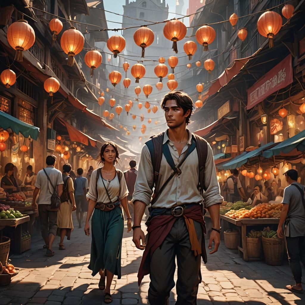 Fantasy Couple in Crowded Marketplace: Oil Painting