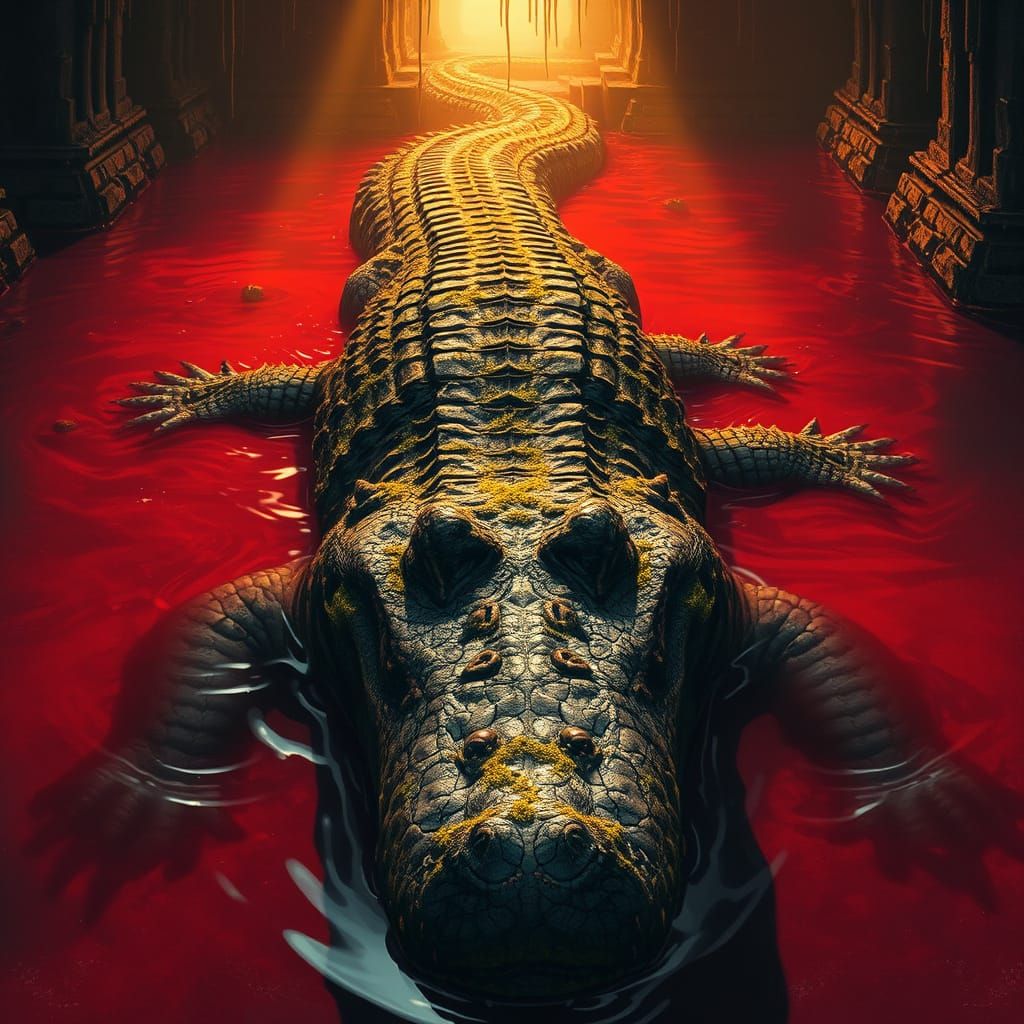 Ethereal Crocodile Amidst Crimson Depths