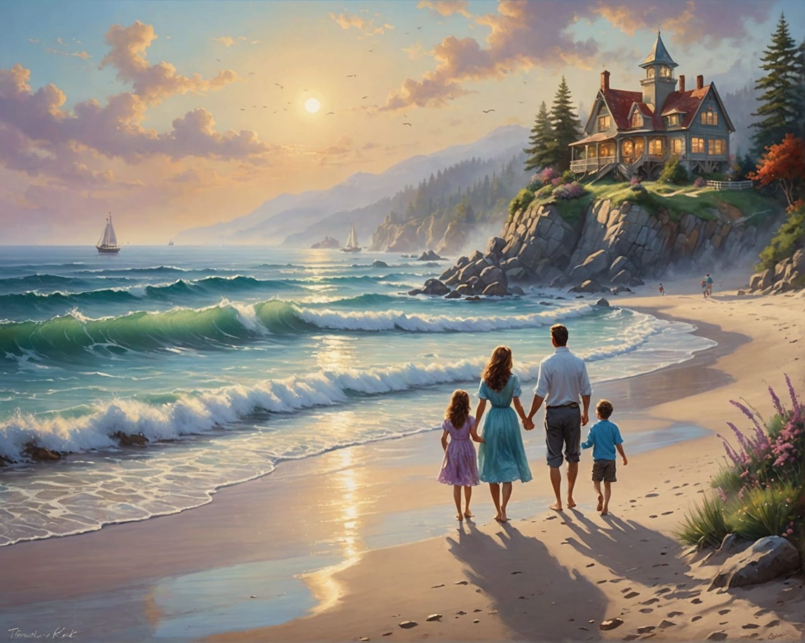 Family Beach Day: Realistic Oil Painting