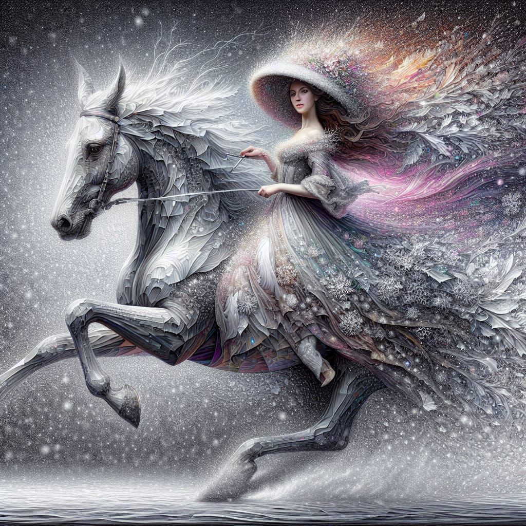 Woman Riding Horse in Spring Finery, Winter Wonderland in Hy...