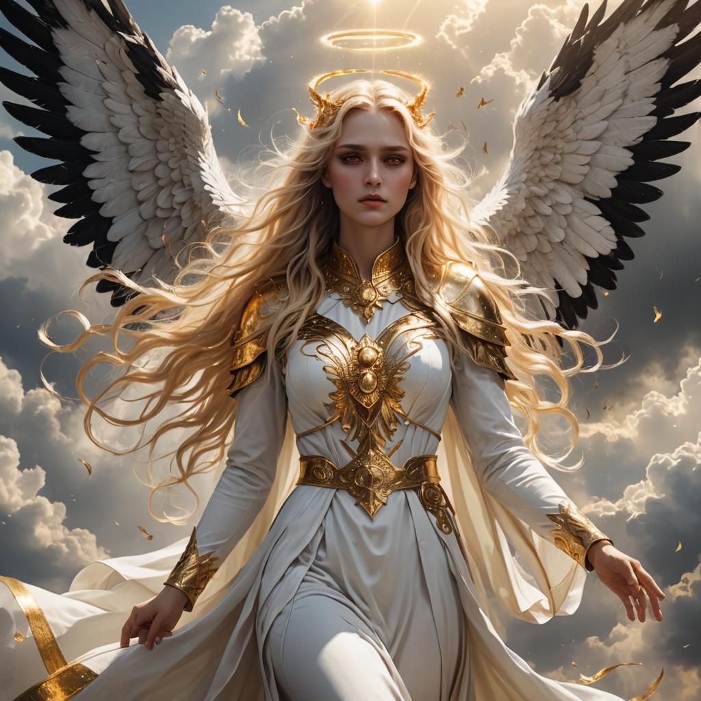 Fallen Aasimar Angel with Golden Hair and Black Wings