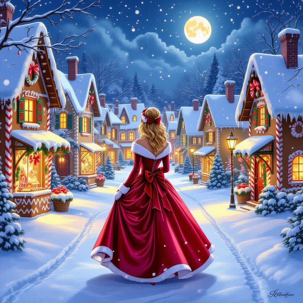 Sabrina Spellman in Festive Christmas Village Square at Dusk