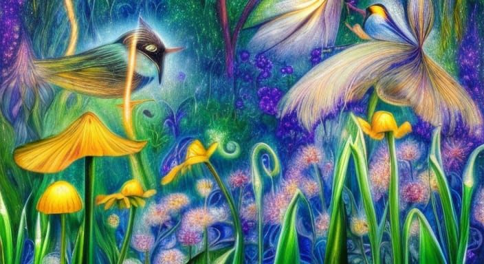 Chickadee in a Fantastical Garden with Musical Notes