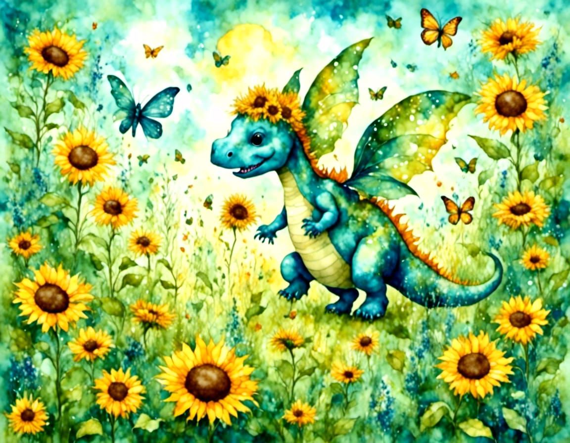 Dinosaur Plays in Sunflower Field with Butterflies