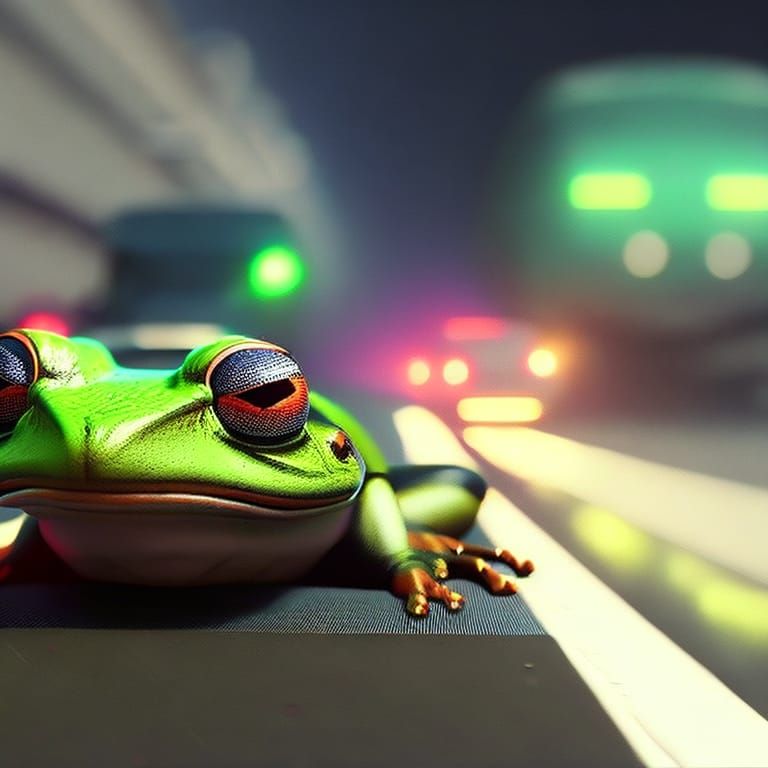Frog Close-up on Highway with Volumetric Lighting