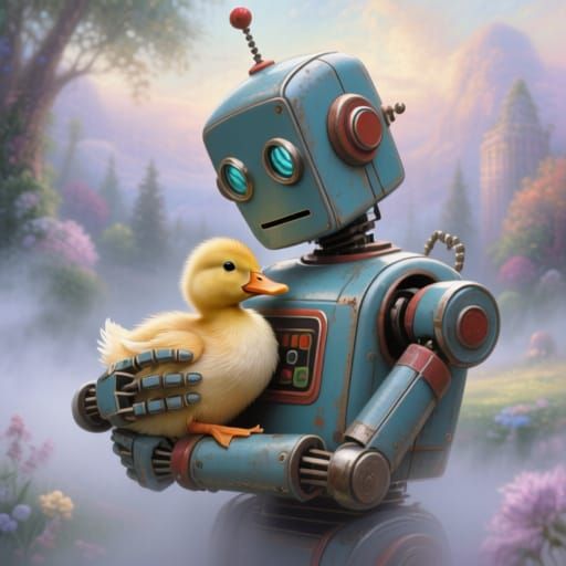 Retro Robot Hugs Duckling in Ethereal Mist