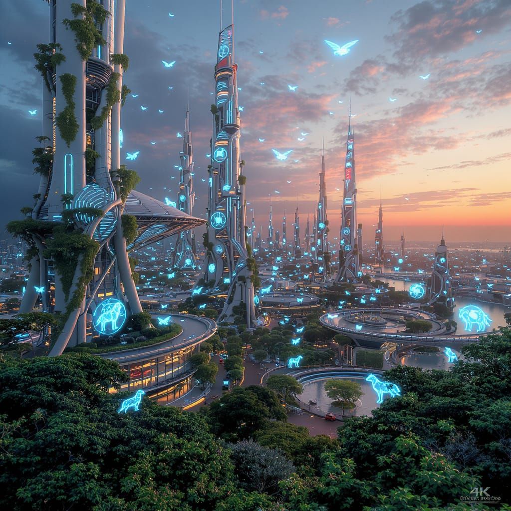 Neon-Lit Futuristic Cityscape at Dusk in 4K