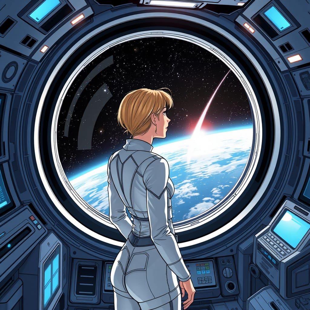 Blonde Woman in Futuristic Space Station Awe