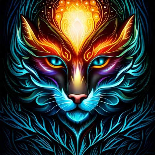 Cat in Tribal Mask Under Starry Sky