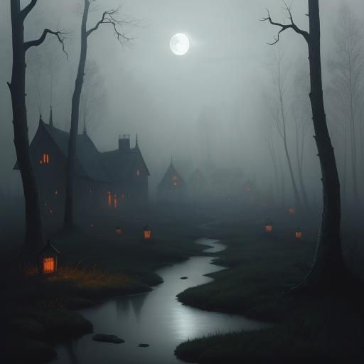 Eerie Village at Dusk: Dark Fantasy Illustration