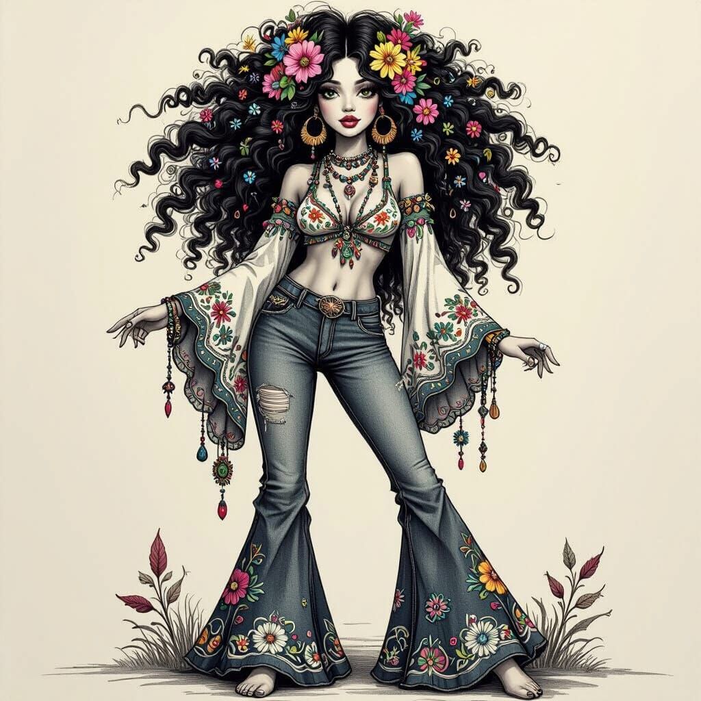 Hippie Fairy in Charcoal Drawing Style