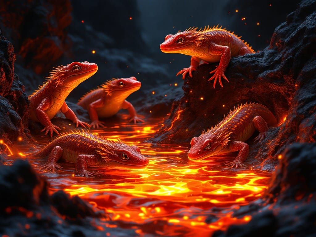 salamanders swimming in a pool of lava