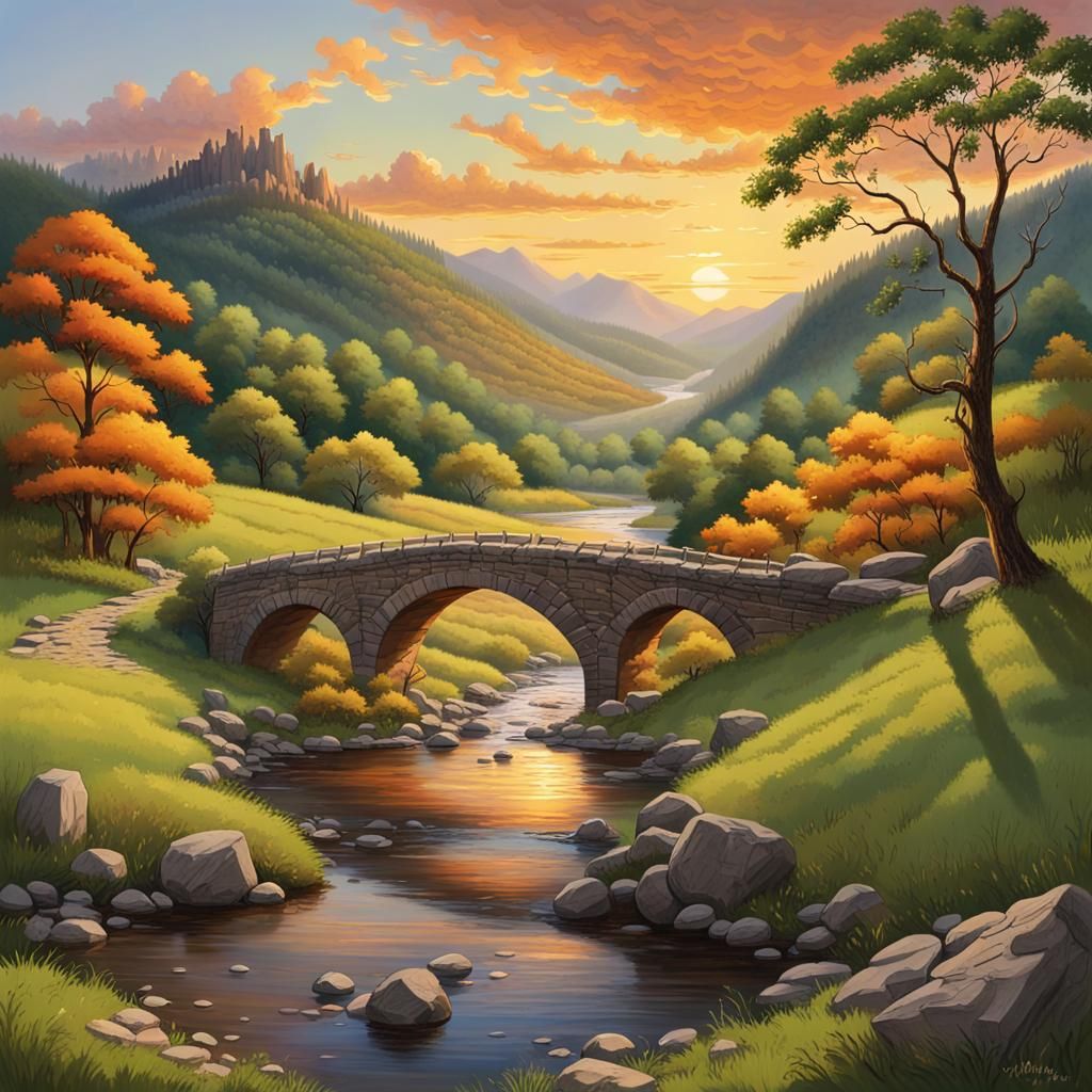 Colorful Sunset Over Lush Valley, Oil Painting
