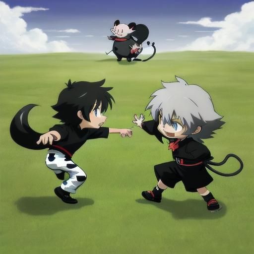 Anime-style Little ninjas mouse and cow in battle adorable shaggy cartoony, conceptual art