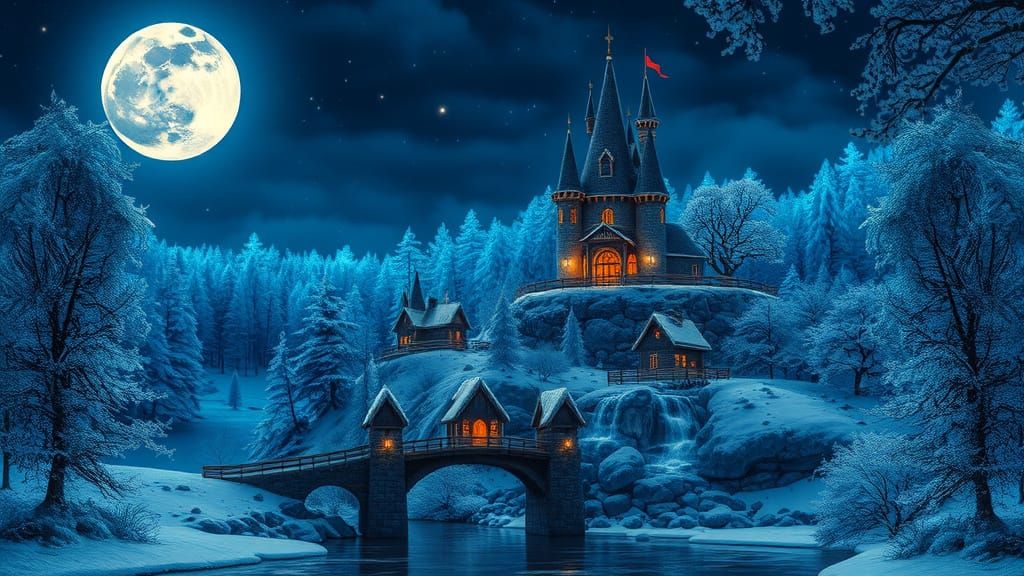 Moonlit Winter Wonderland with Enchanted Castle and Village