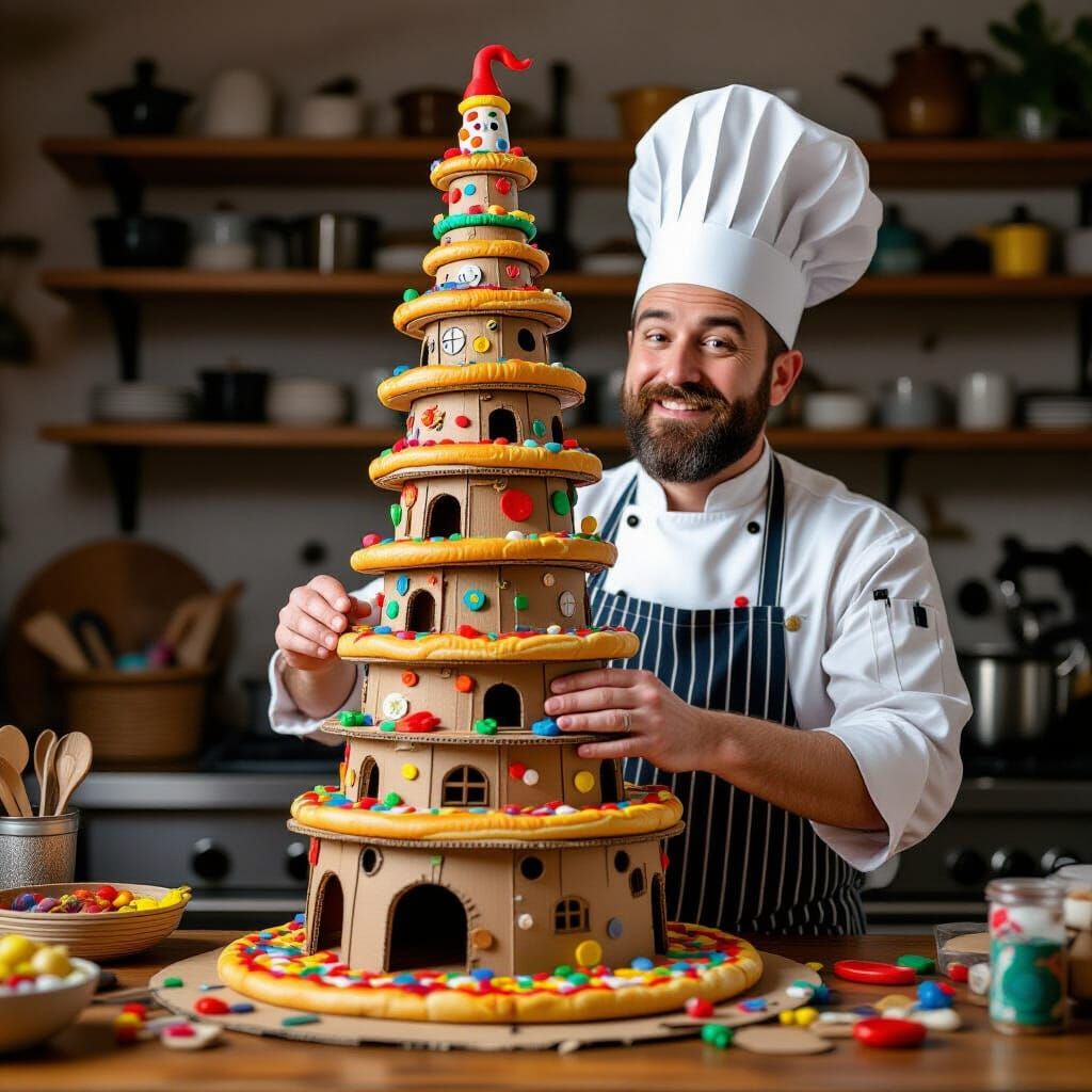 Whimsical Chef's Exaggerated Pizza Tower