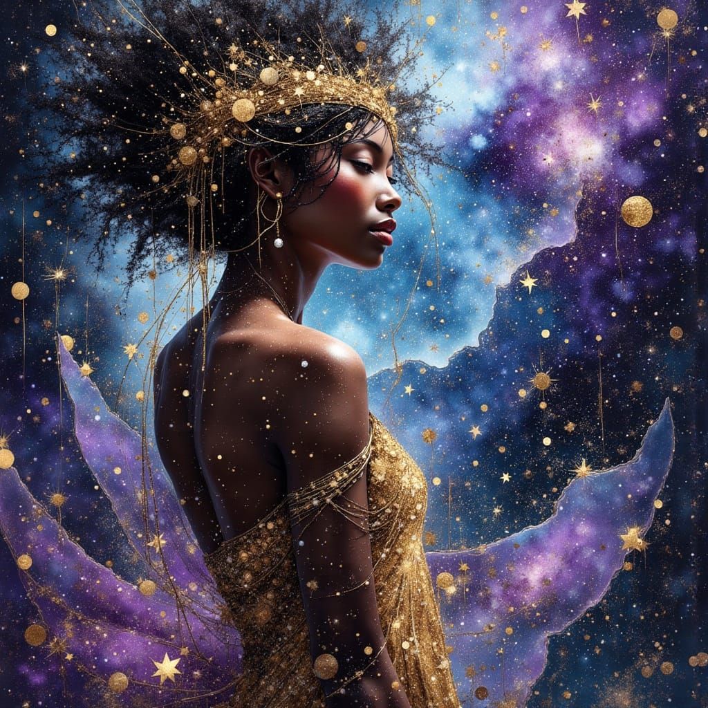 Ethereal African Goddess in Cosmic Galaxy