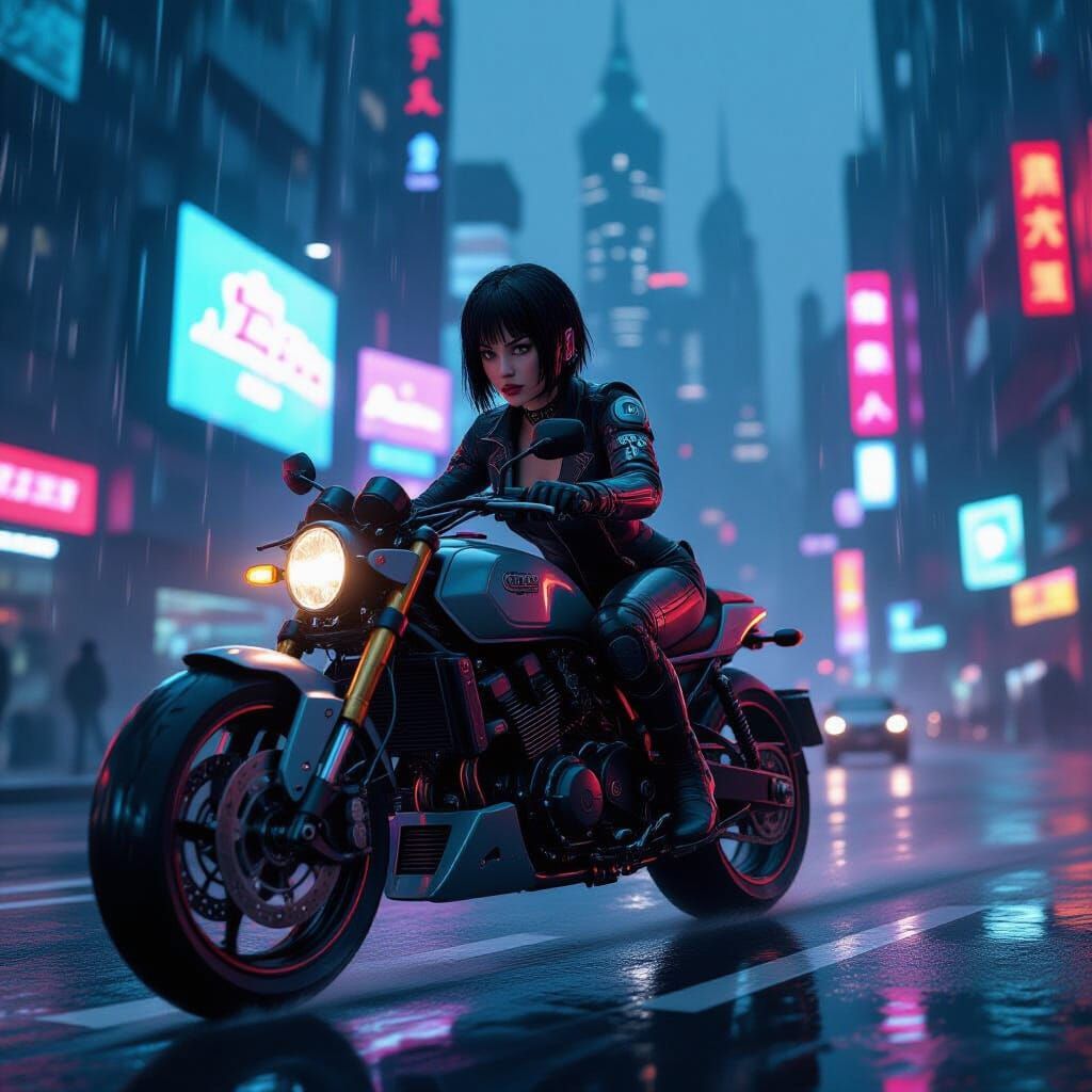 Cyberpunk Biker in Rainy Cityscape