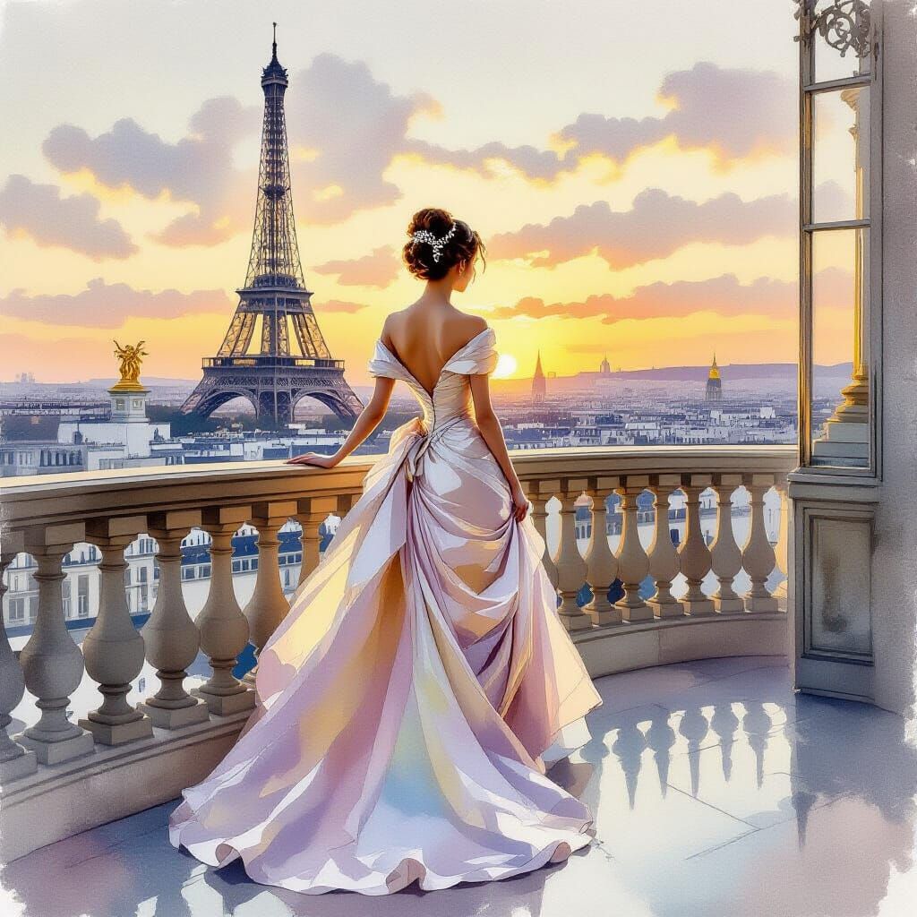 Woman on Parisian Balcony at Sunset in Watercolor Style