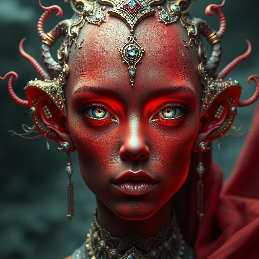 Red-Skinned Queen of a Sci-Fi Realm as Digital Art
