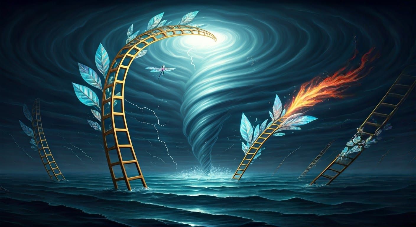 Golden Ladders Ascend Through Storm to Surreal Sky