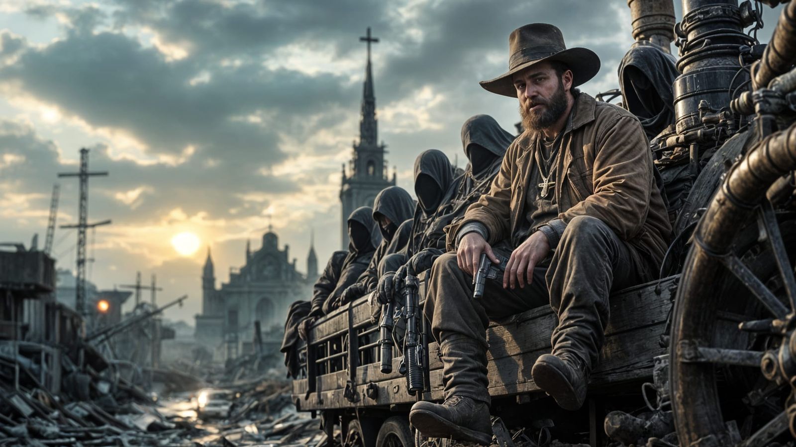 Post-Apocalyptic Reverend with Gun in Ruined City