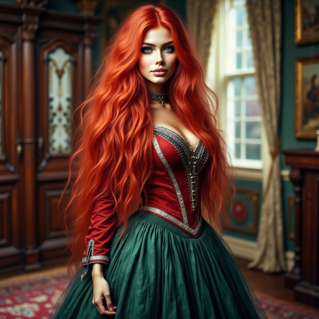 Beautiful Red-Haired Girl in Victorian House