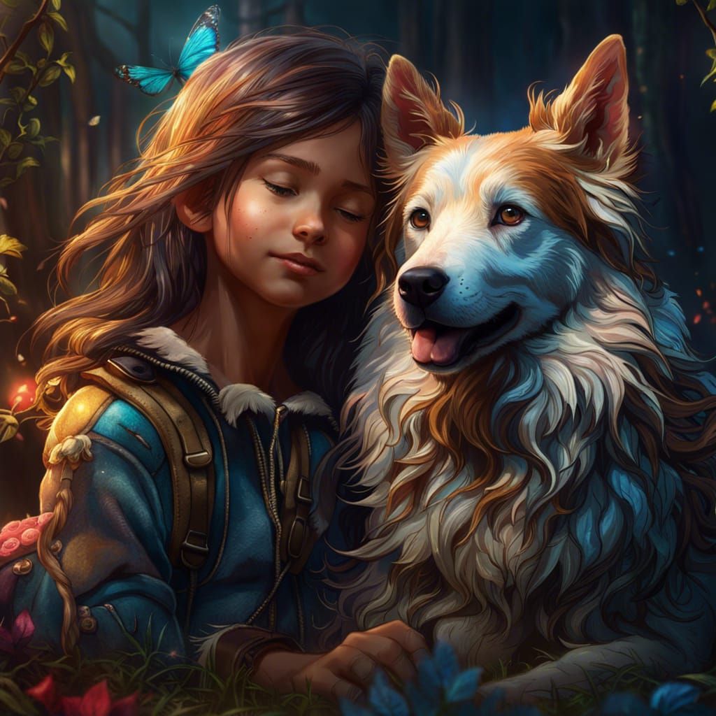 Child and Pet: Enduring Bond in Hypermaximalist Style