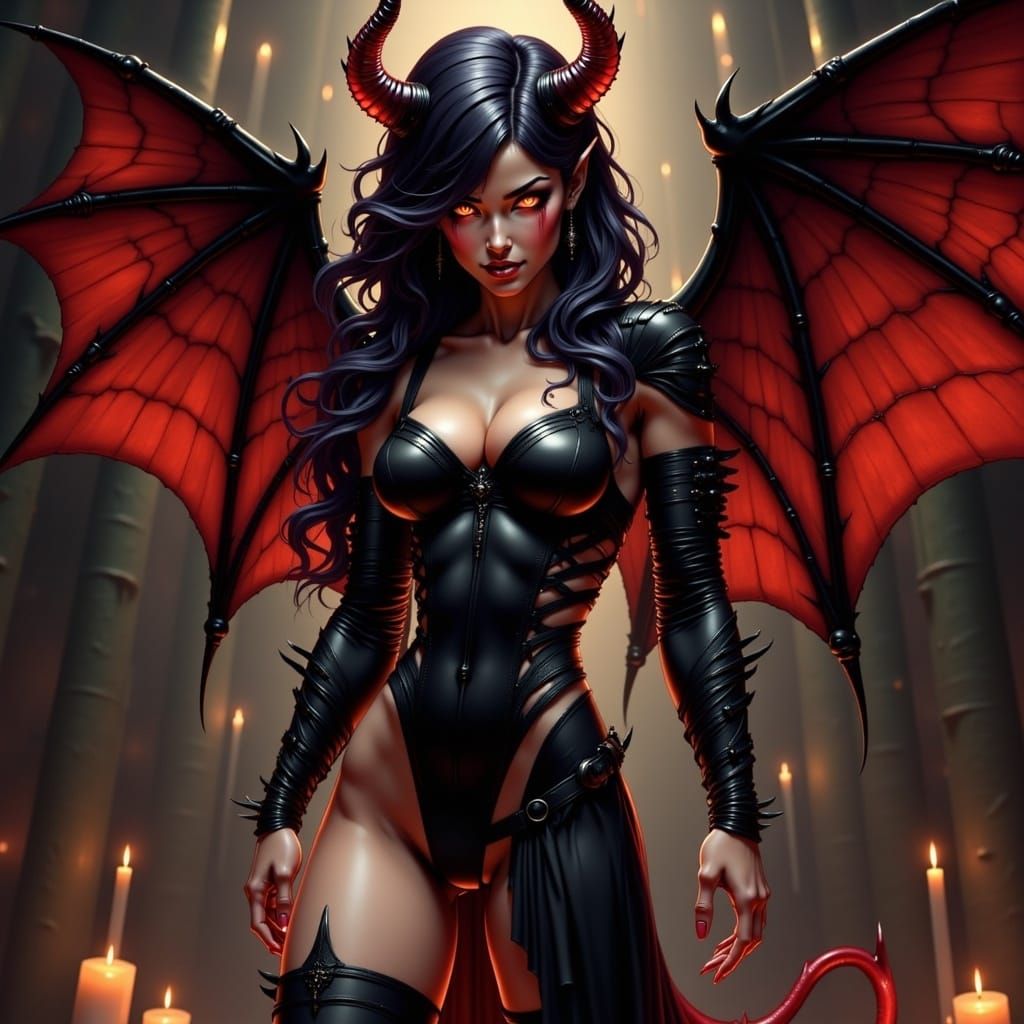 Gothic Demon Woman in Candlelit Chamber