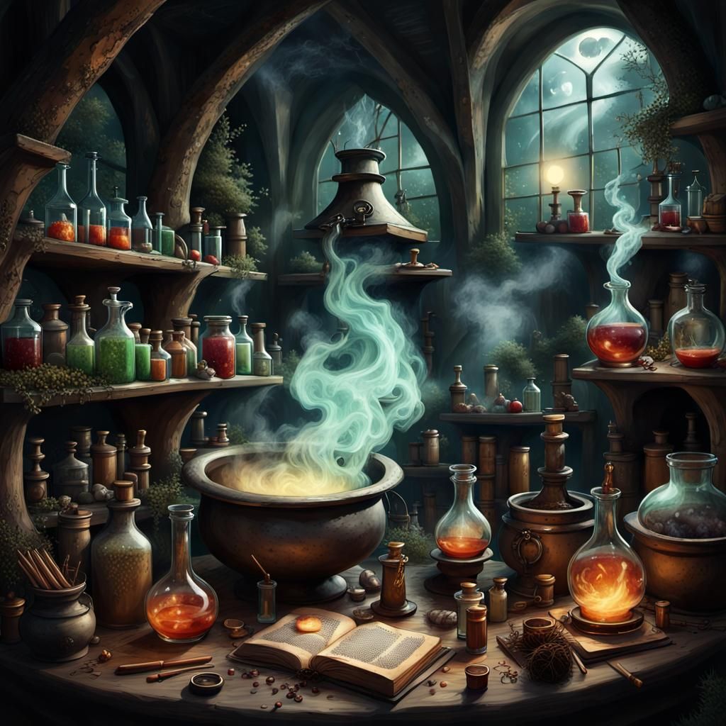 Medieval Alchemist's Laboratory with Bubbling Cauldrons