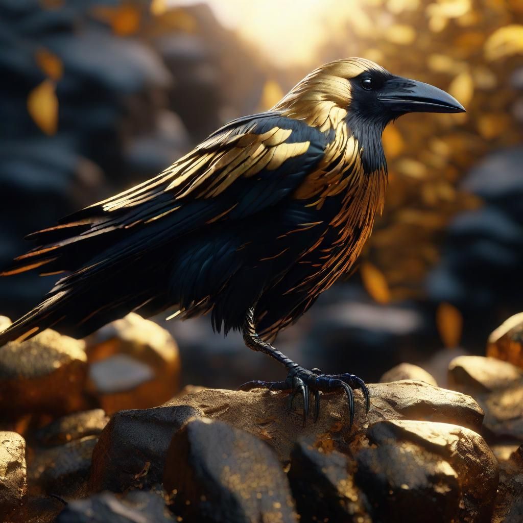 Golden Runed Crow: Detailed Fantasy Concept Art