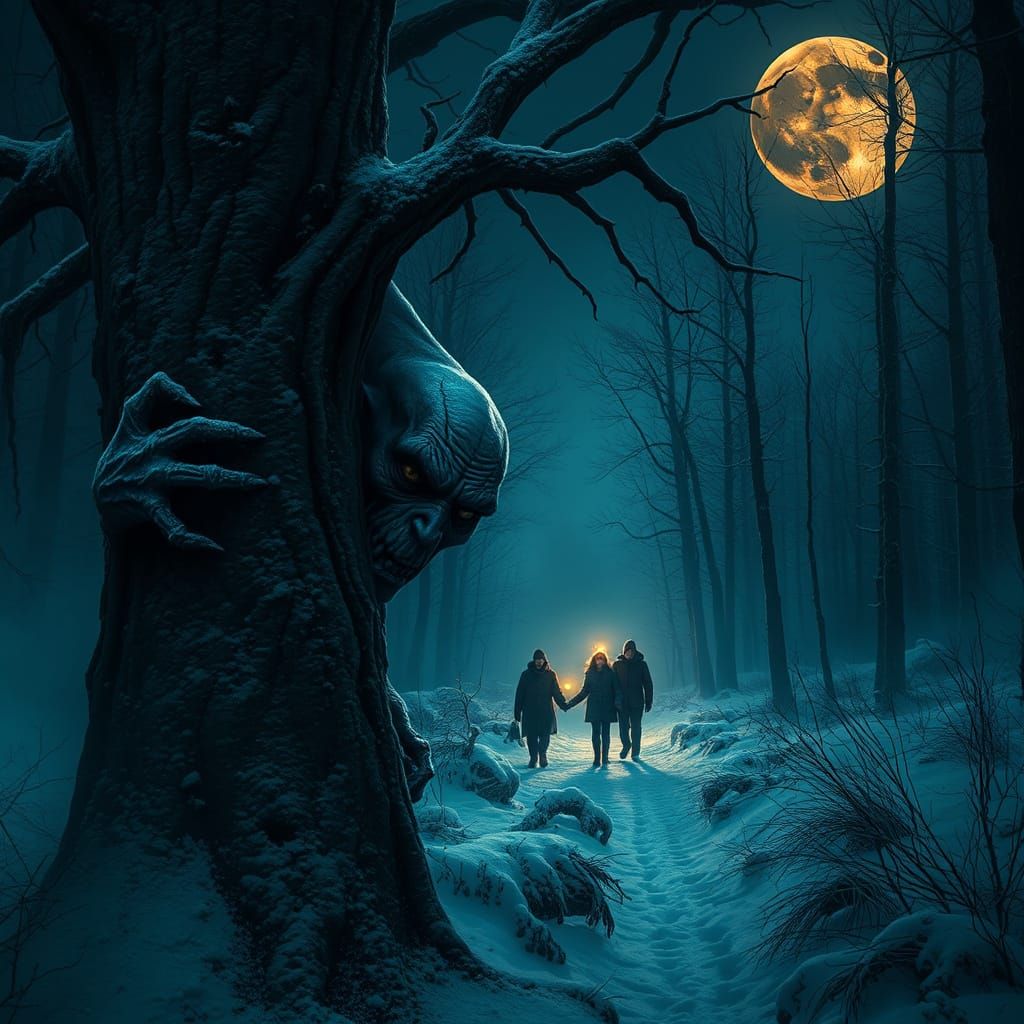 Dark Vampire Emerges from Winter Forest Shadows