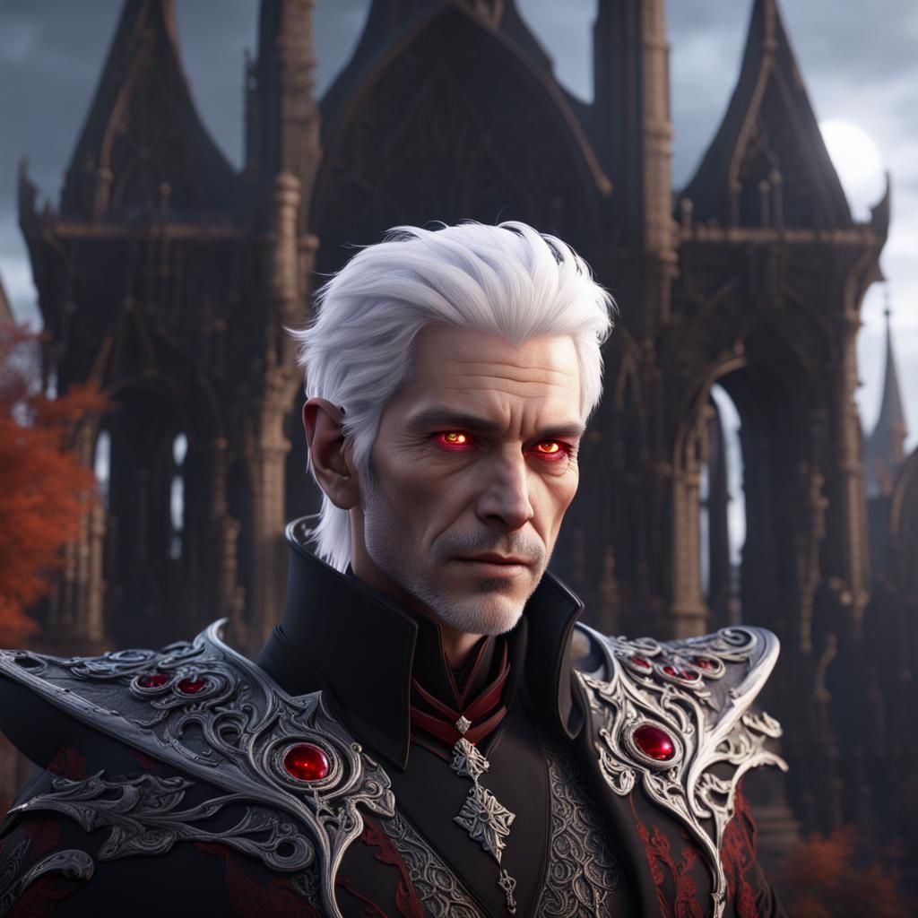 Gothic White-Haired Man with Ruby Eyes