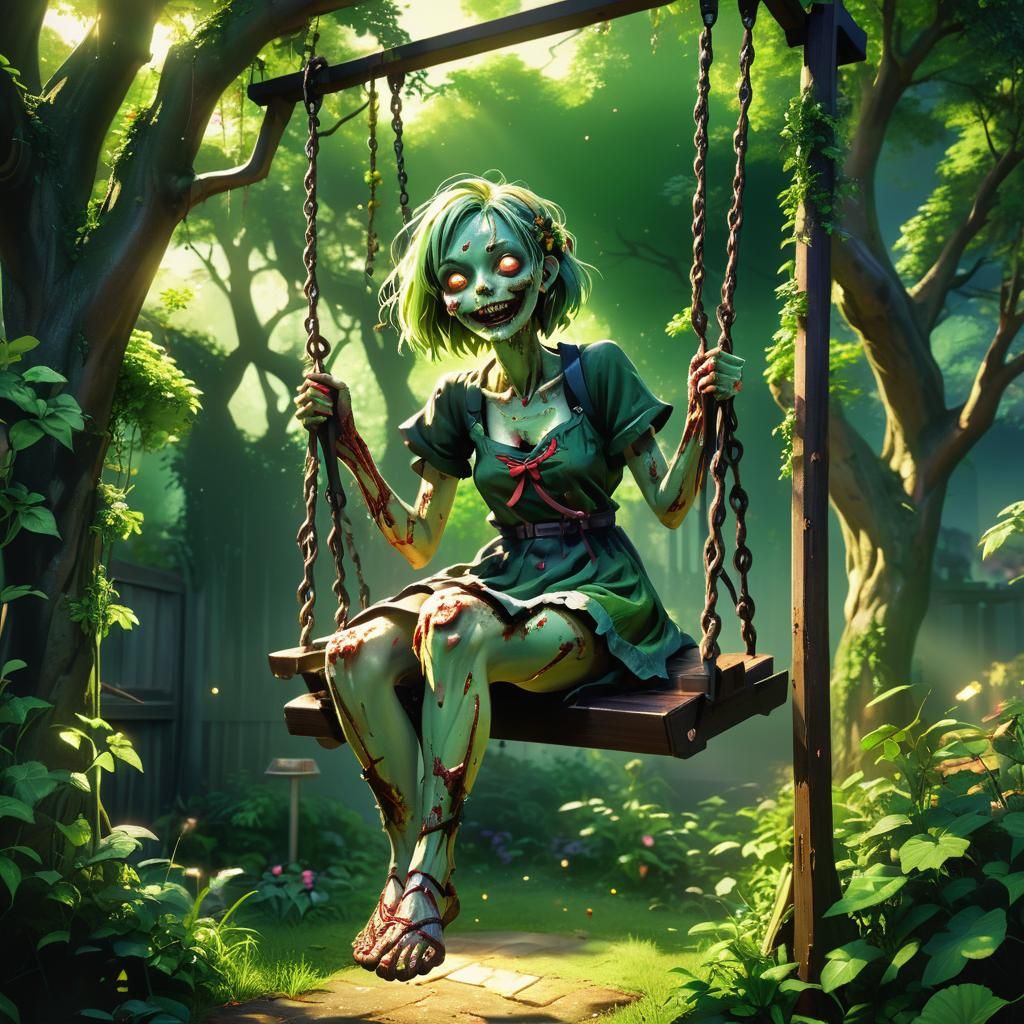 Charming Anime Zombie Soars on a Swing in Lush Garden
